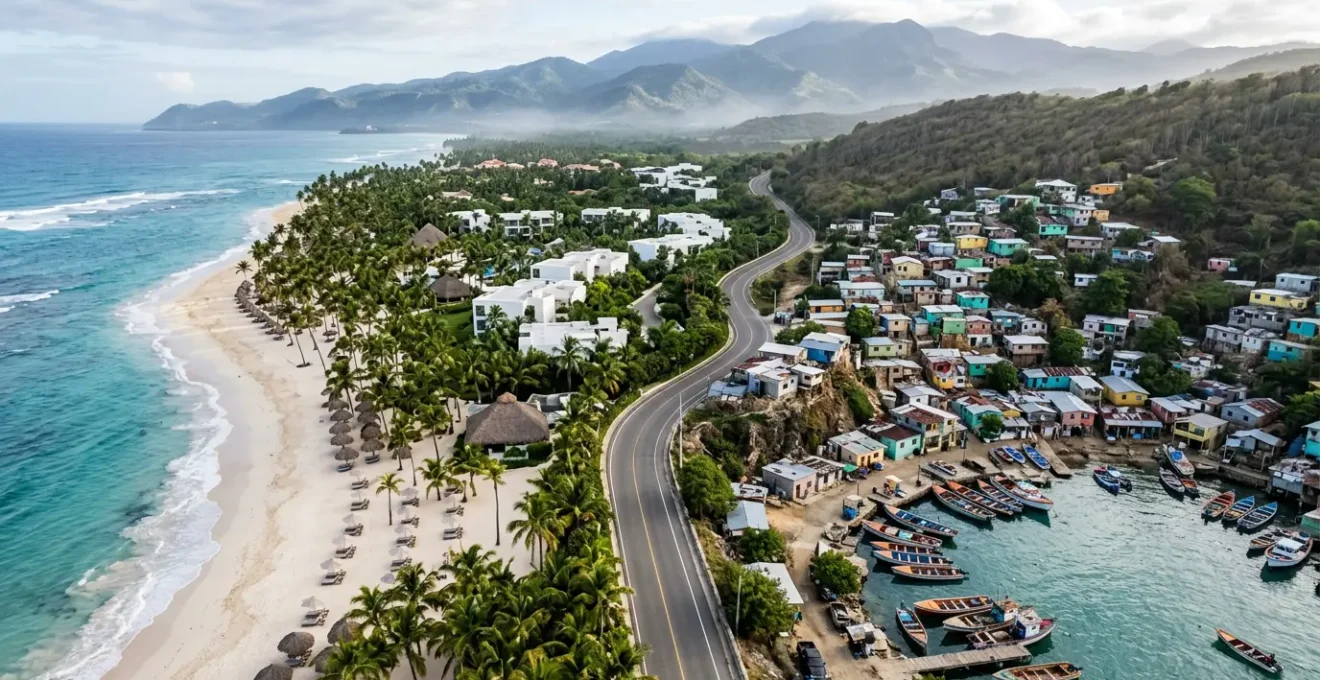 Contrasting scenes of Dominican Republic showing both resort beaches and authentic local neighborhoods with Caribbean island diversity