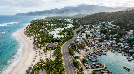 Contrasting scenes of Dominican Republic showing both resort beaches and authentic local neighborhoods with Caribbean island diversity
