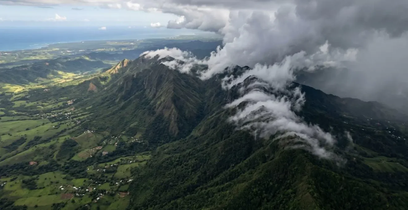 Aerial view of Dominican Republic's Cordillera Central mountain range acting as natural storm barrier