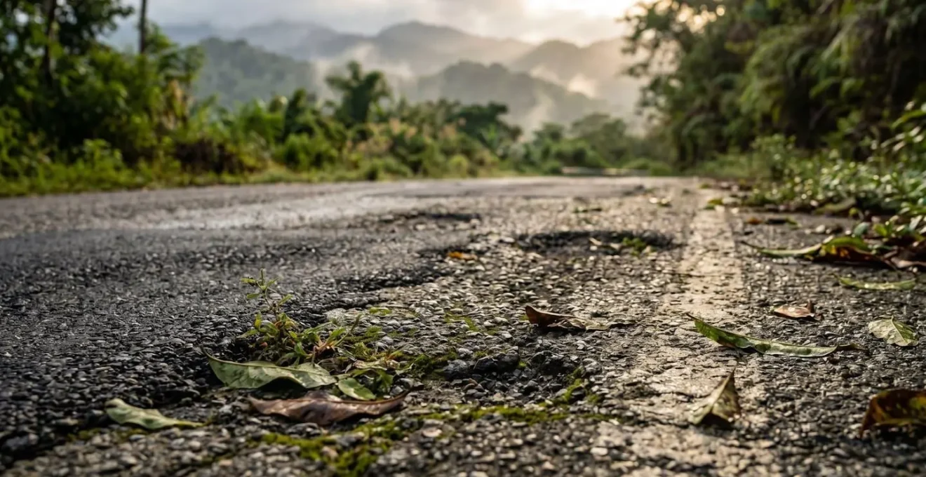 Winding mountain road through Dominican Republic's Cordillera Central with tropical vegetation