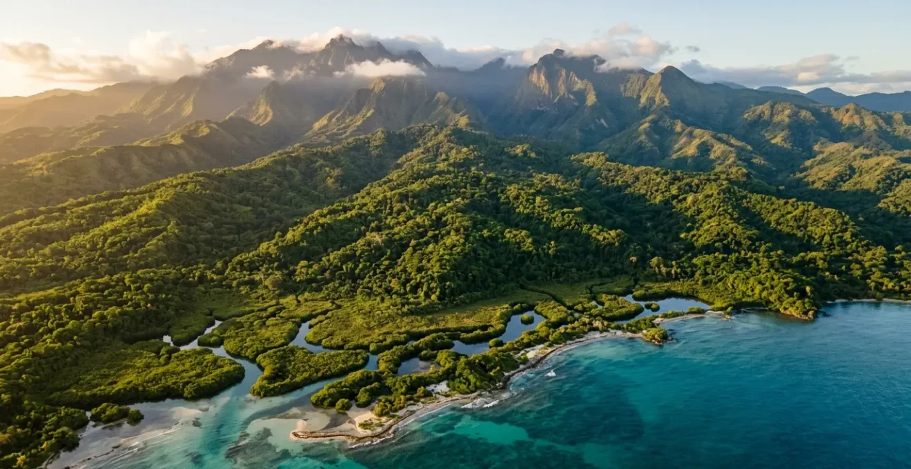 Aerial view of Dominican Republic's diverse ecosystems showcasing mountain cloud forests, mangroves and coastal waters