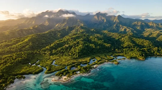 Aerial view of Dominican Republic's diverse ecosystems showcasing mountain cloud forests, mangroves and coastal waters