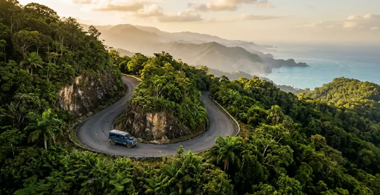 Scenic mountain road winding through lush Dominican Republic landscape with vintage car navigating curves