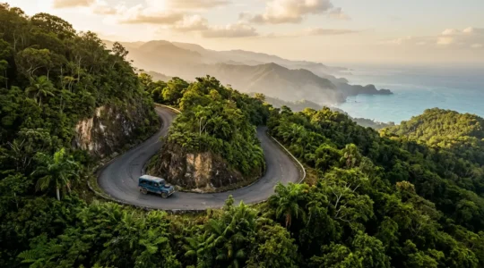 Scenic mountain road winding through lush Dominican Republic landscape with vintage car navigating curves