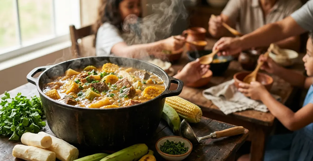 A steaming pot of Dominican sancocho stew surrounded by fresh ingredients and family gathering atmosphere