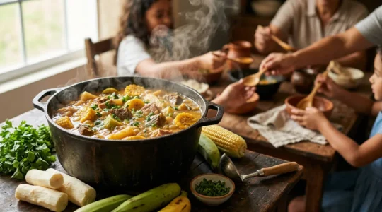 A steaming pot of Dominican sancocho stew surrounded by fresh ingredients and family gathering atmosphere