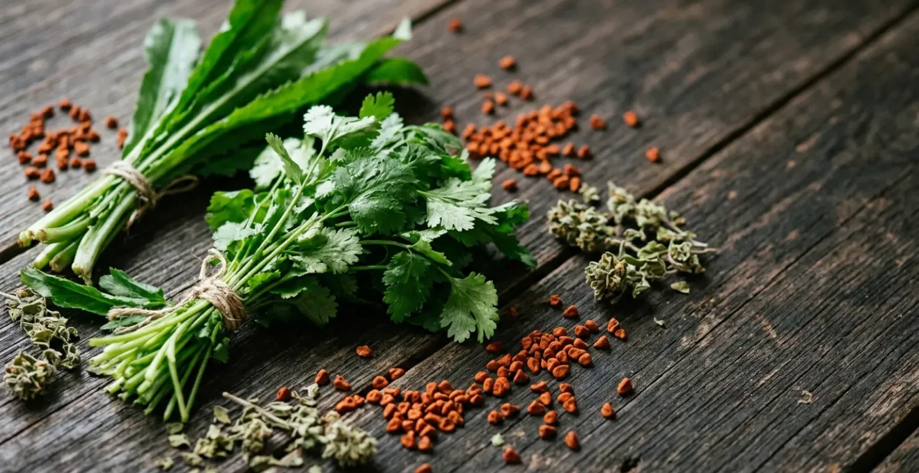 Traditional Dominican cooking spices and fresh herbs arranged on rustic wooden surface