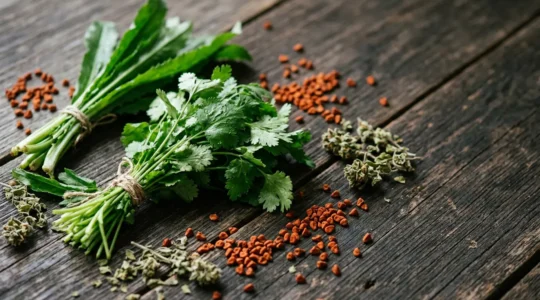 Traditional Dominican cooking spices and fresh herbs arranged on rustic wooden surface