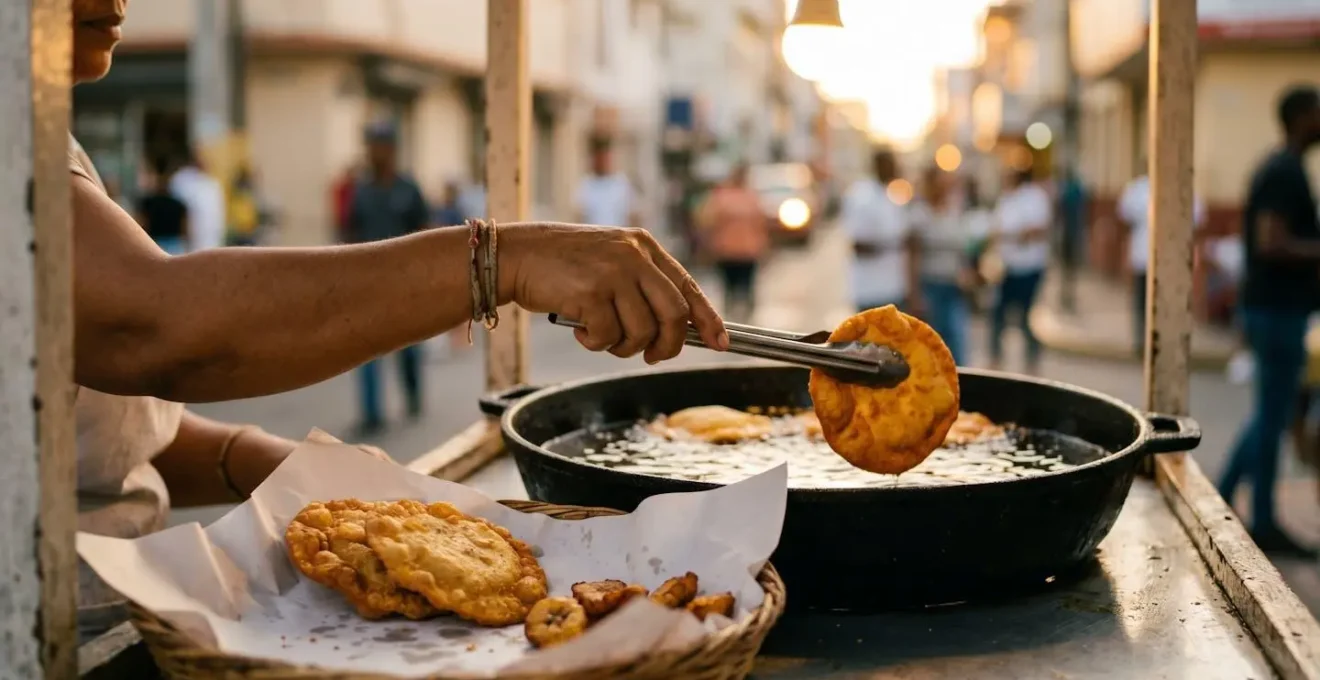 Evening Dominican street food scene with golden fried snacks and vendor preparing fresh fritura