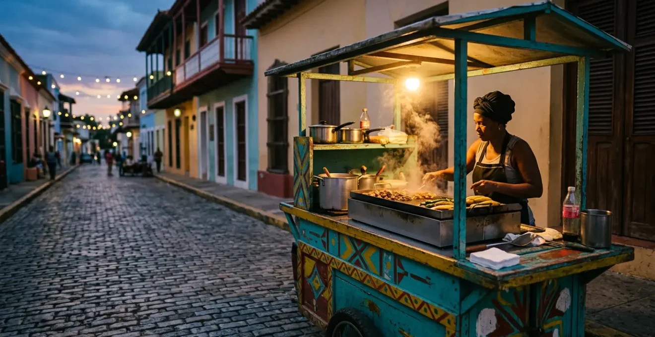 Authentic Dominican street food vendor at night with sizzling fritura