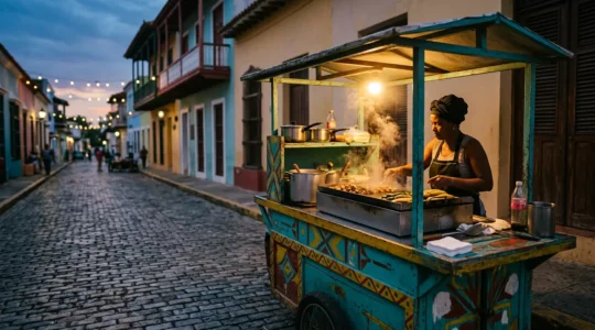 Authentic Dominican street food vendor at night with sizzling fritura