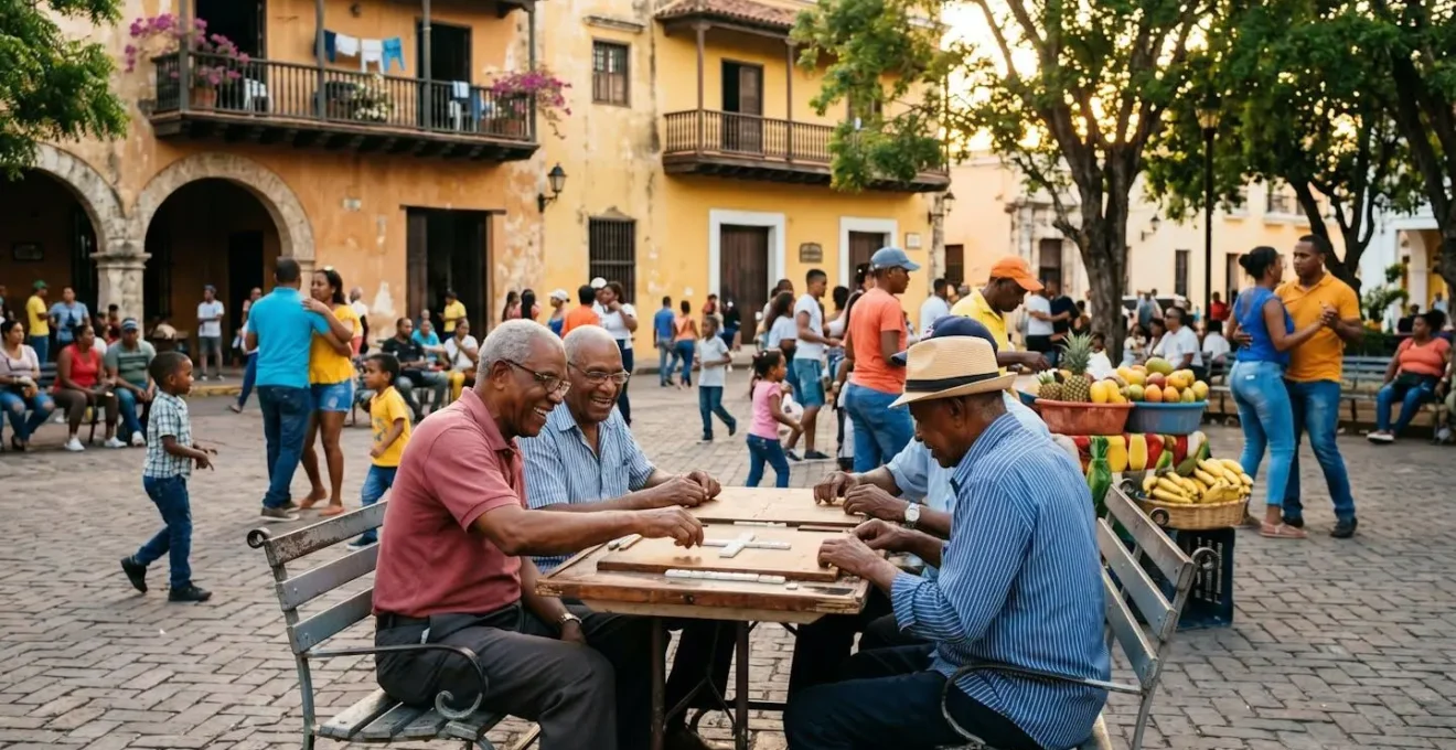 Vibrant Dominican public plaza with locals gathering in evening light