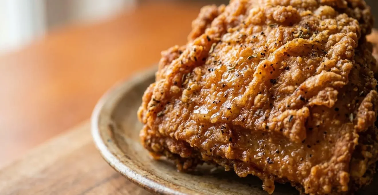 Close-up of golden crispy fried chicken showing textural detail from double-fry method