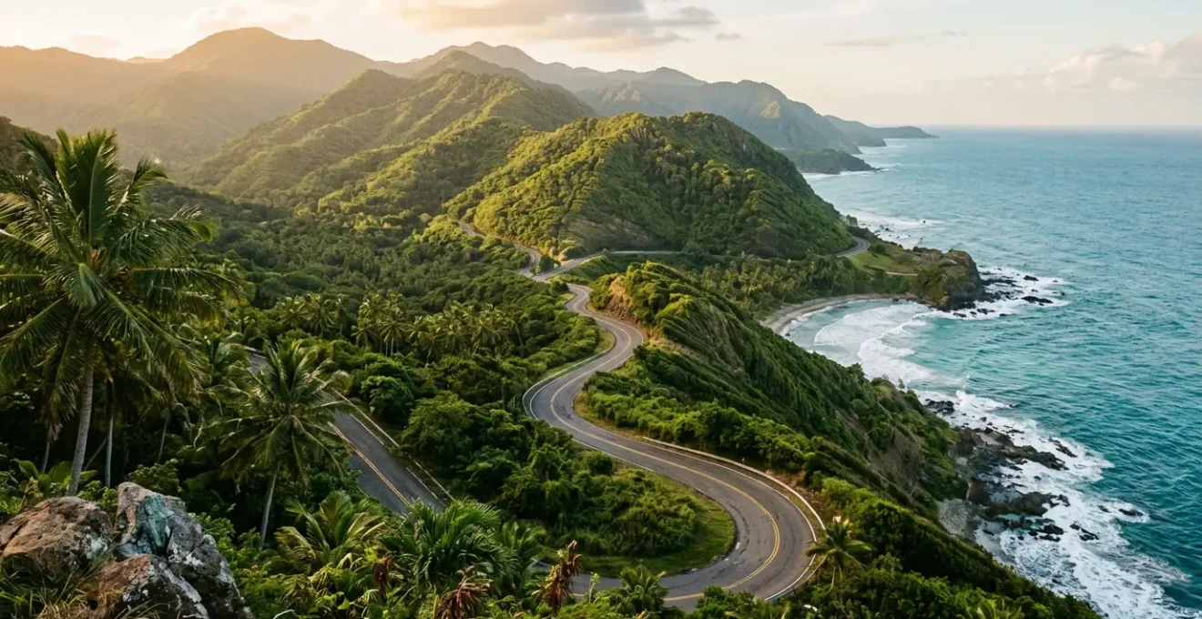 Scenic mountain road with ocean views along Samana Peninsula coastline