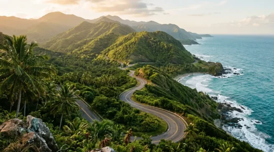 Scenic mountain road with ocean views along Samana Peninsula coastline