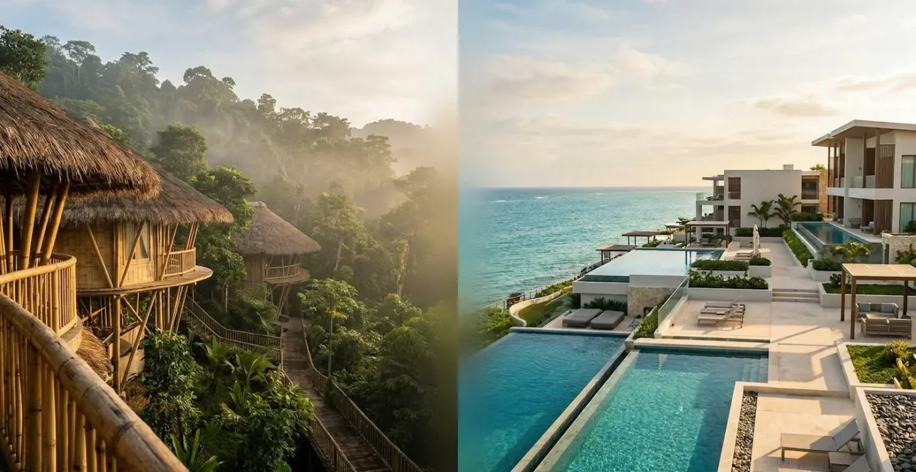 Split scene showing eco-lodge treehouse and beachfront resort at golden hour