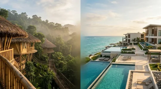 Split scene showing eco-lodge treehouse and beachfront resort at golden hour