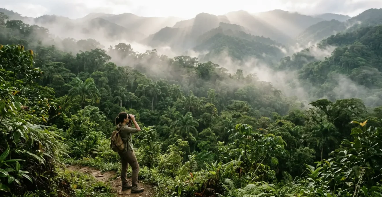 Nature observer studying forest canopy through binoculars in Dominican jungle
