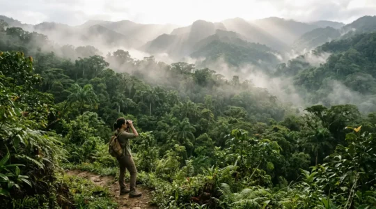 Nature observer studying forest canopy through binoculars in Dominican jungle