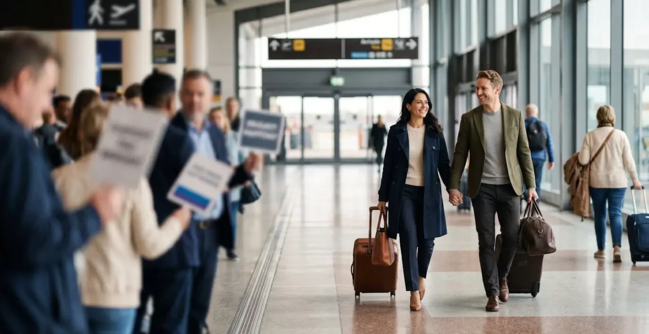 Traveler with luggage navigating modern airport terminal with clear signage