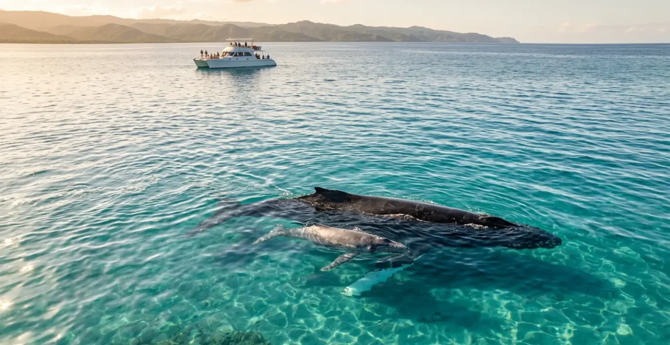 A mother humpback whale and her calf swimming peacefully in turquoise waters with a respectful whale-watching boat maintaining proper distance in the background