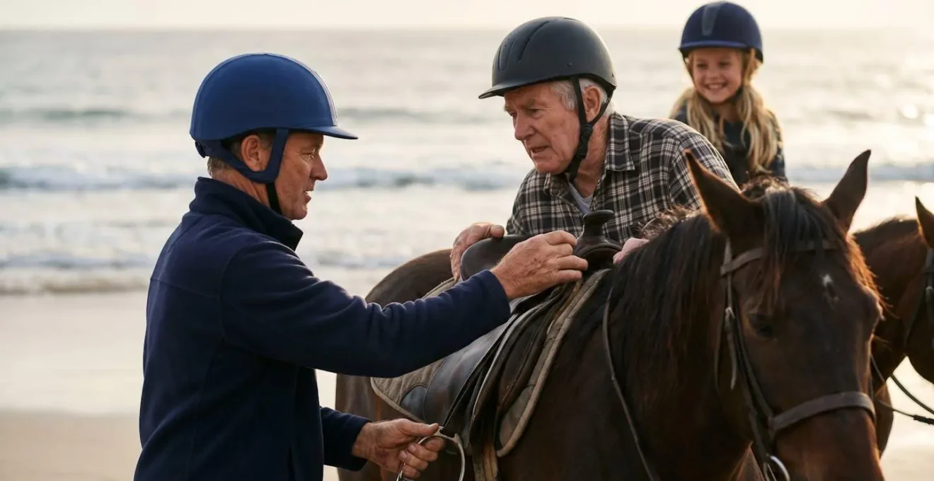 Family of different ages preparing for a beach horseback ride with guides assisting