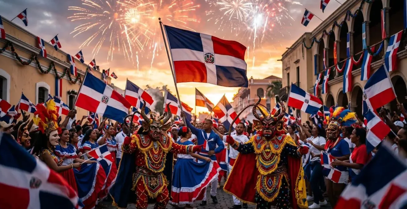 Massive carnival crowd celebrating Dominican Independence Day with flags, costumes and fireworks during the February 27 grand finale