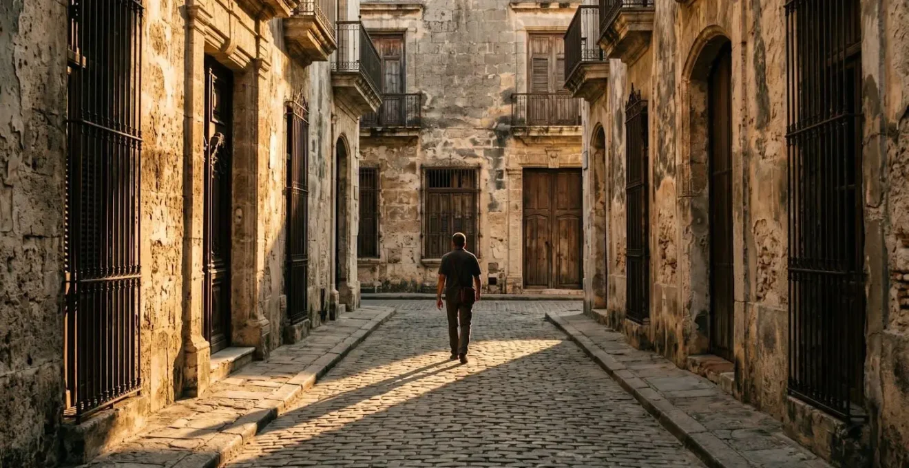 Sunset light casting long shadows on a historic street with weathered coral limestone facades.