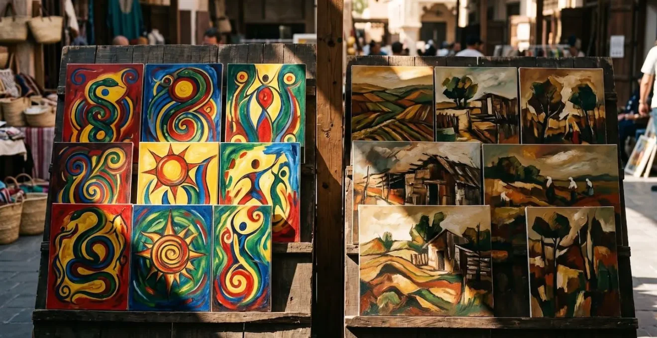 Split composition showing two distinct Caribbean art styles side by side in a vibrant market setting