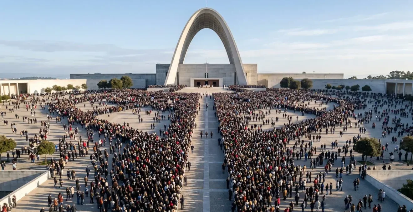 Pilgrims gathering outside basilica during January festival