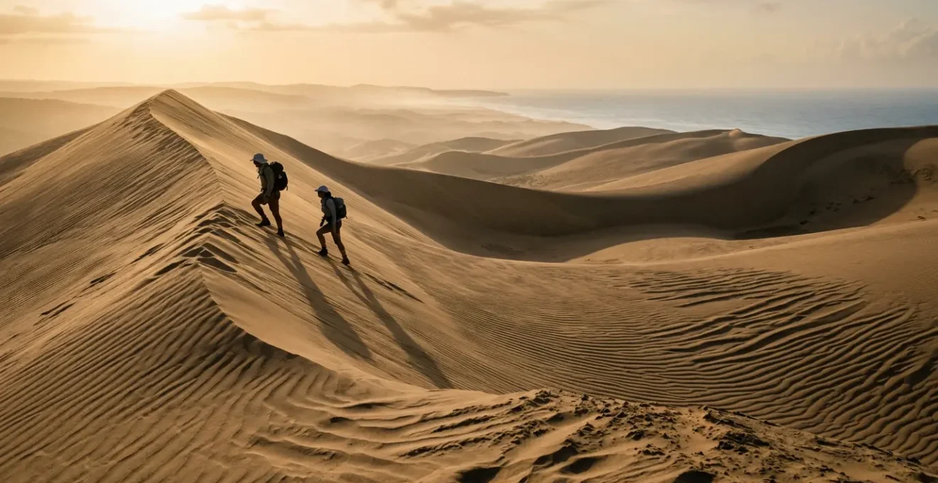 Hikers ascending the golden sand dunes of Baní at sunrise with long shadows