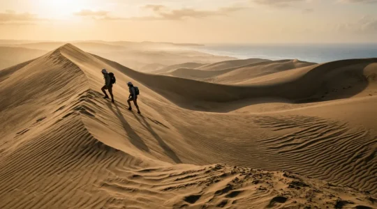 Hikers ascending the golden sand dunes of Baní at sunrise with long shadows
