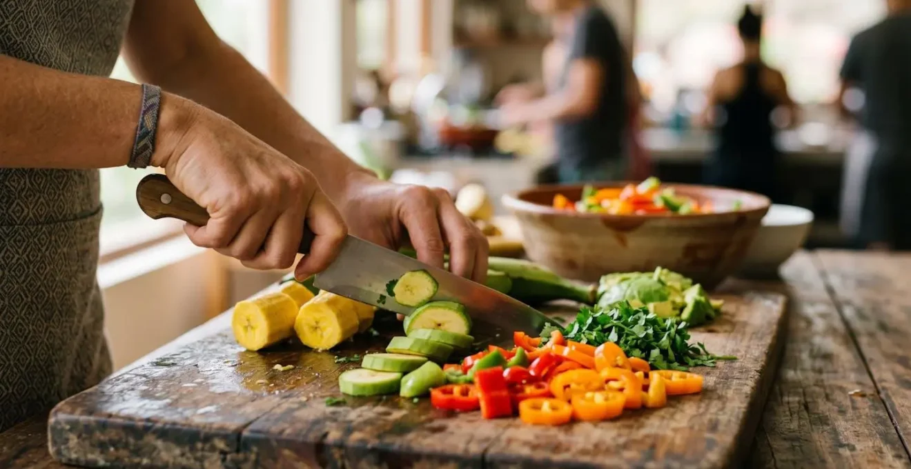 Backpacker preparing fresh local ingredients in bright hostel communal kitchen