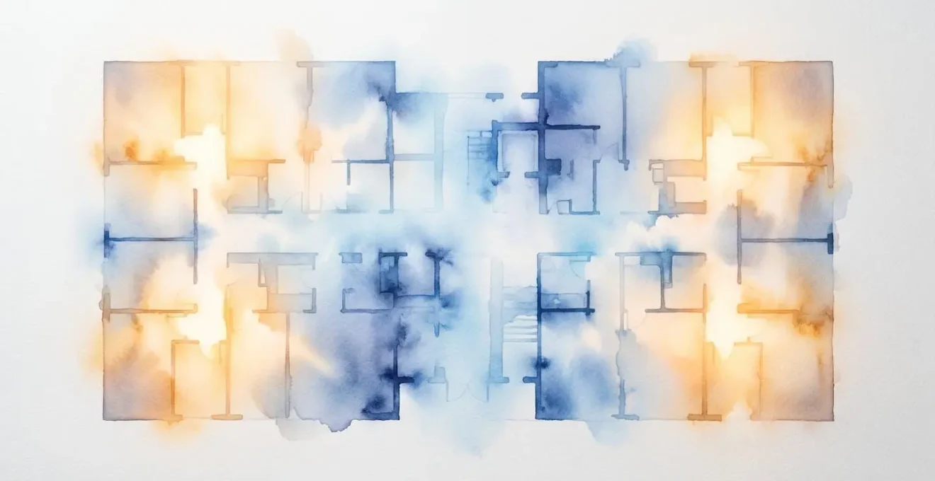 Abstract architectural floor plan showing peaceful corner rooms highlighted in soft colors