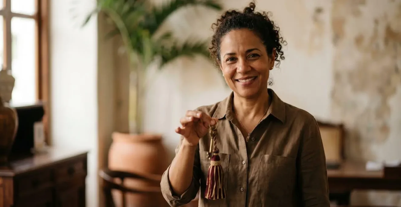 A hotel owner offering a personalized welcome and a room key in an intimate colonial lobby, symbolizing the benefit of direct booking.