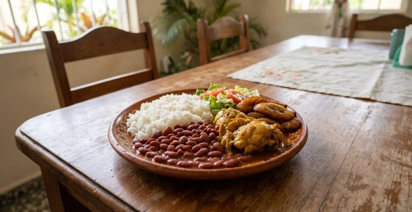 Traditional Dominican lunch plate showing white rice, red beans, and seasoned meat with fried plantains