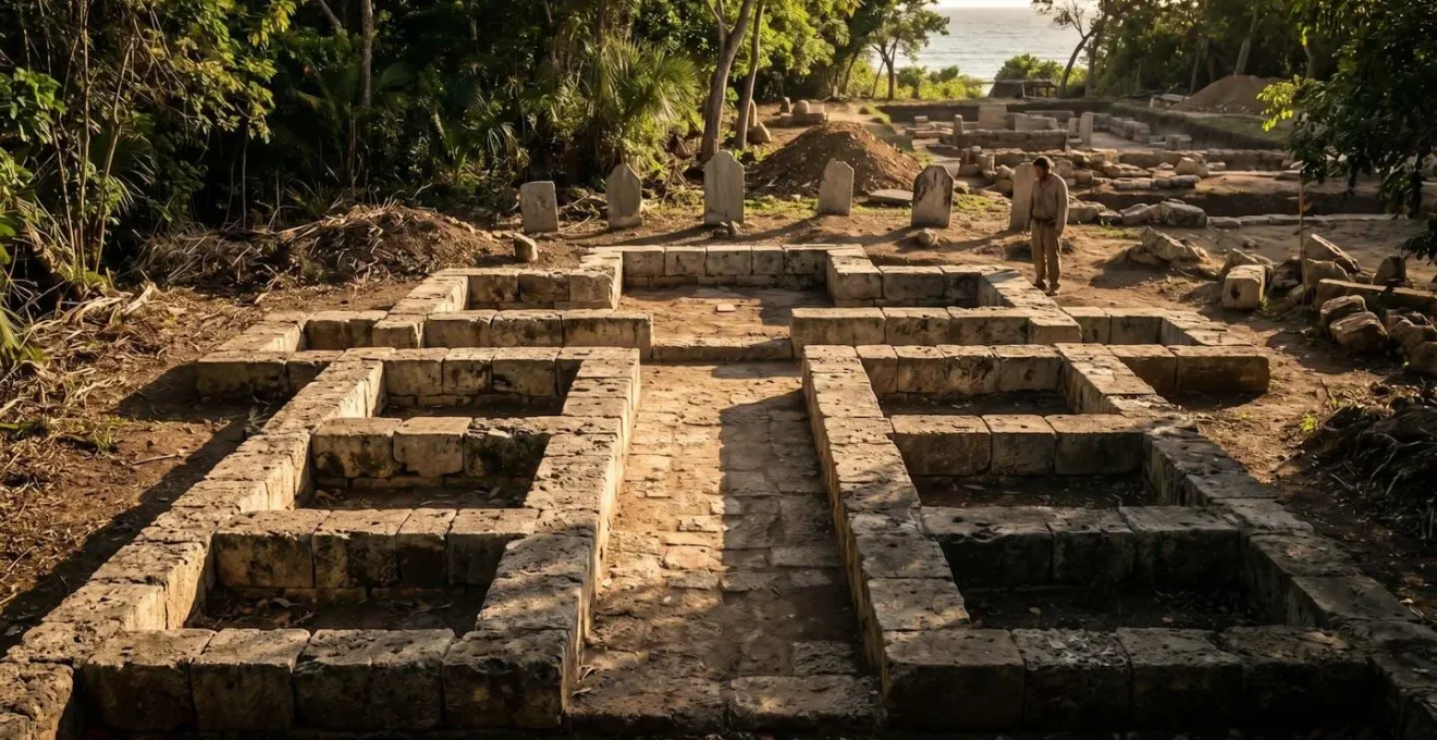 Archaeological remains of the first church foundations at La Isabela with cemetery visible in background