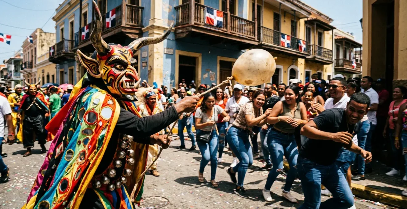 Vibrant carnival scene showing Diablo Cojuelo character in elaborate mask and costume with inflated bladder whip chasing spectators through crowded La Vega streets