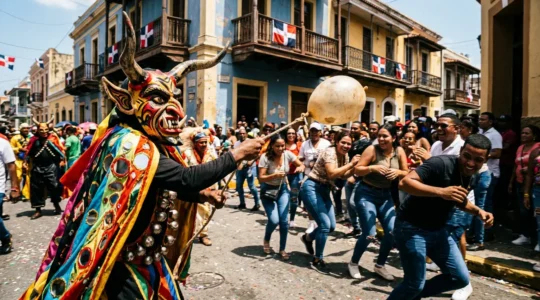 Vibrant carnival scene showing Diablo Cojuelo character in elaborate mask and costume with inflated bladder whip chasing spectators through crowded La Vega streets