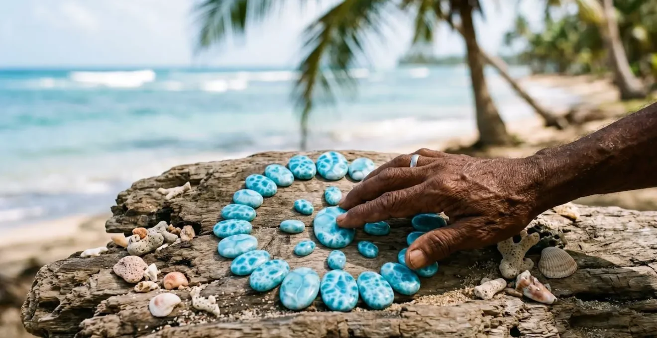Blue larimar stones displayed as spiritual healing gems with Caribbean ocean backdrop