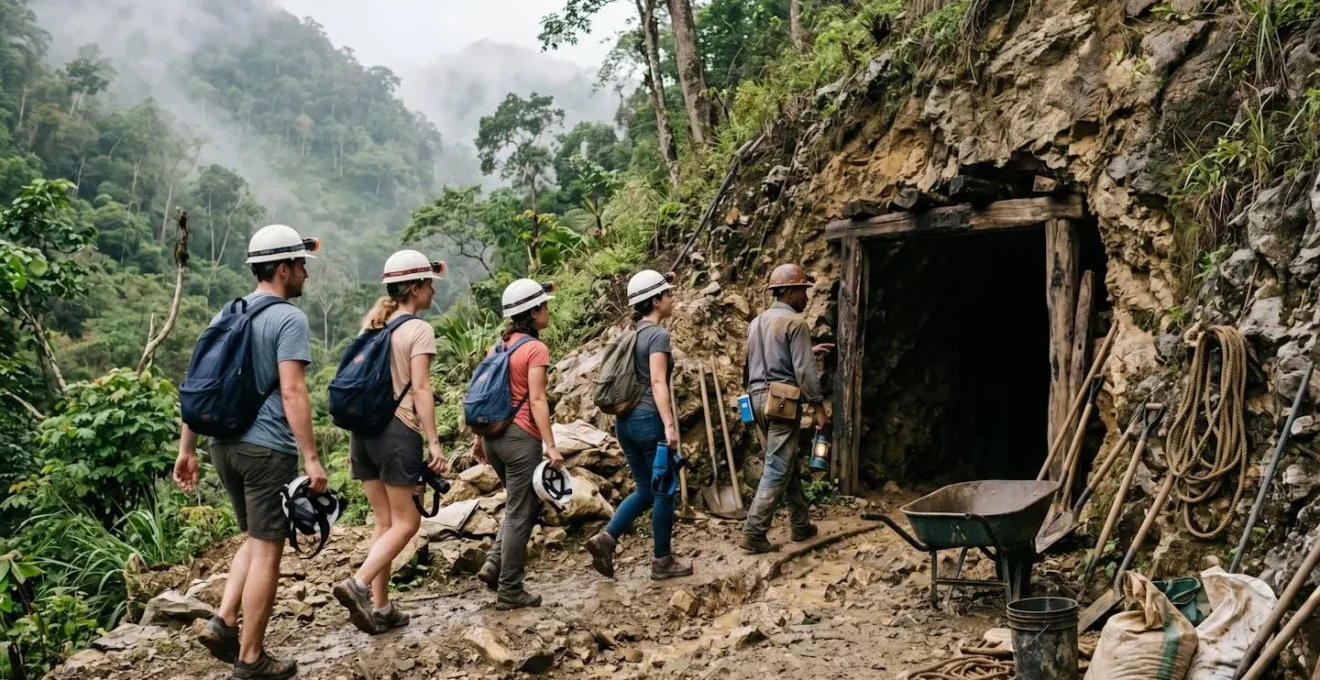 Visitors exploring the entrance to larimar mines in Bahoruco mountains