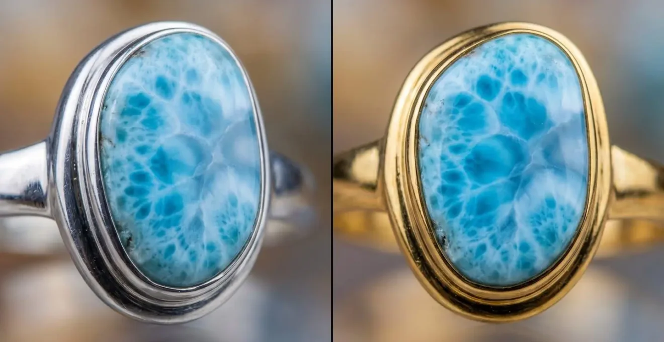 Close-up comparison of larimar stone set in silver versus gold