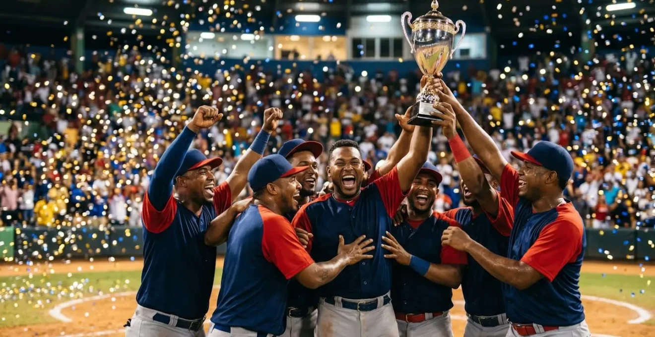 Championship celebration with players holding trophy amid confetti at Dominican stadium