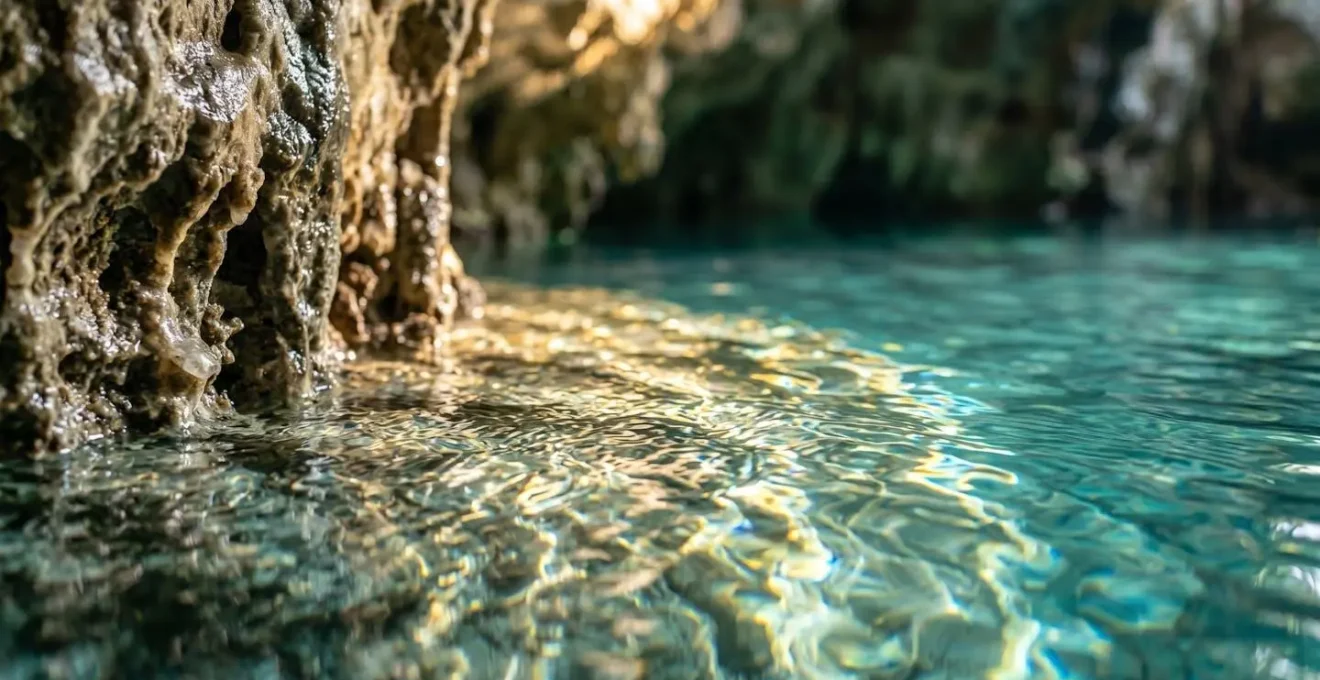 Morning sunlight filtering into turquoise cenote waters with limestone formations reflecting golden light.