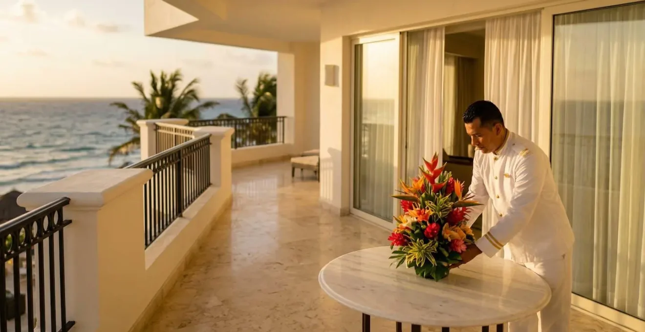 Butler preparing a luxurious hotel suite with ocean views