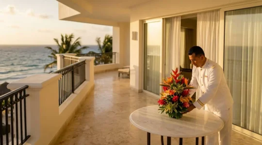 Butler preparing a luxurious hotel suite with ocean views
