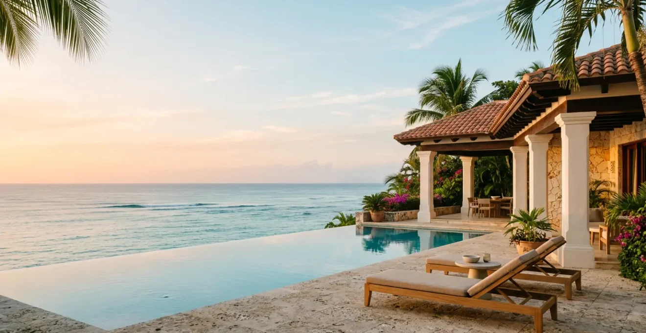 Luxury Caribbean villa with infinity pool overlooking turquoise ocean at golden hour
