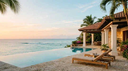 Luxury Caribbean villa with infinity pool overlooking turquoise ocean at golden hour