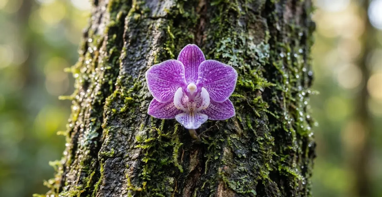 Extreme close-up of a delicate orchid growing on textured tree bark with morning dew