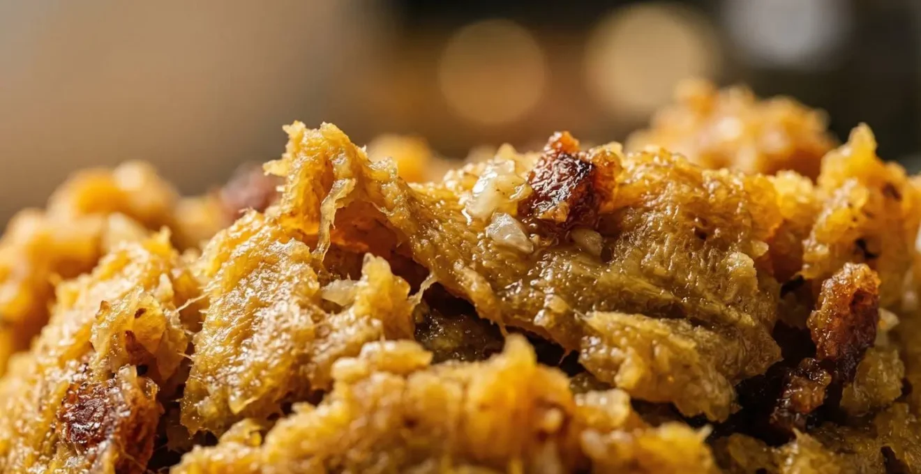 Extreme close-up of mofongo texture showing mashed plantain and pork crackling integration